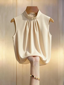 SHEIN Women's Solid Color Mandarin Collar Pleated Sleeveless Shirt, Fashionable And Versatile For Commuting And Outings - Champagne - View 4