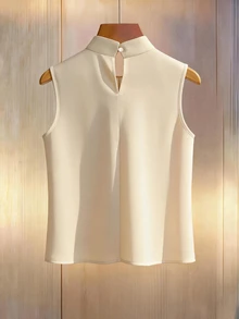 SHEIN Women's Solid Color Mandarin Collar Pleated Sleeveless Shirt, Fashionable And Versatile For Commuting And Outings - Champagne - View 2