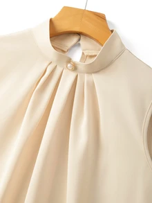 SHEIN Women's Solid Color Mandarin Collar Pleated Sleeveless Shirt, Fashionable And Versatile For Commuting And Outings - Champagne - View 8