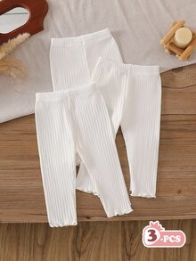 SHEIN Vintaside Kids 3件組女嬰白色螺紋棉質內搭褲 新生兒基本款休閒風格 寬鬆直筒版型 秋冬度假 簡約甜美 夏季穿搭 - 白色 - 查看 4
