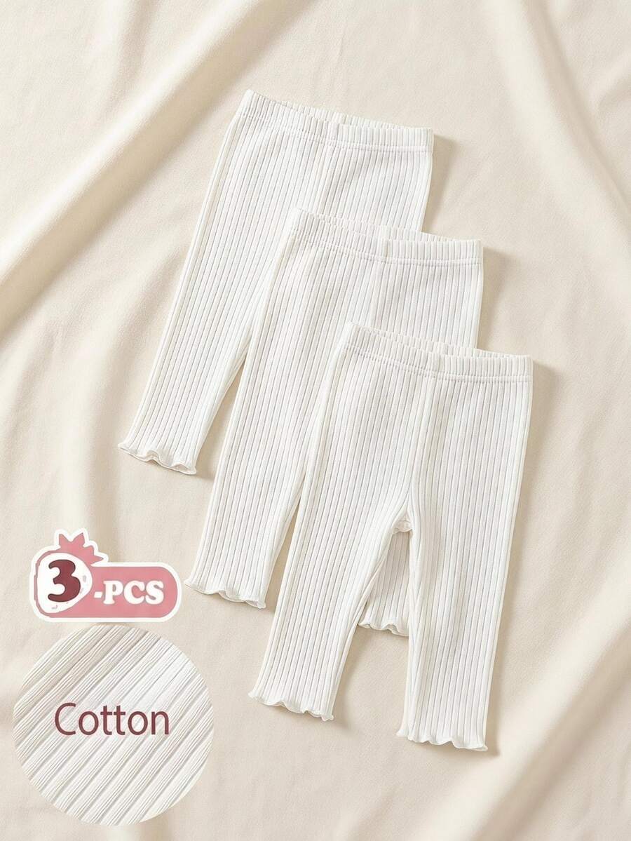 SHEIN Vintaside Kids 3件組女嬰白色螺紋棉質內搭褲 新生兒基本款休閒風格 寬鬆直筒版型 秋冬度假 簡約甜美 夏季穿搭