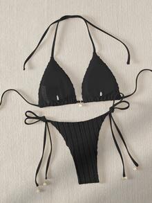 Swim Basics Conjunto de bikini de triángulo Halter decorado con perlas falsas para playa de verano - Negro - Ver 2