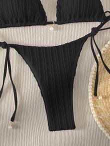 Swim Basics Conjunto de bikini de triángulo Halter decorado con perlas falsas para playa de verano - Negro - Ver 4