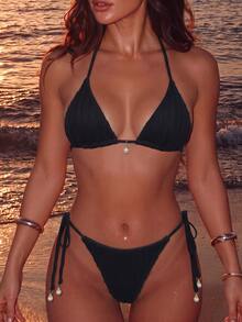 Swim Basics Conjunto de bikini de triángulo Halter decorado con perlas falsas para playa de verano - Negro - Ver 1