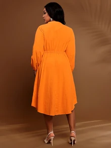 BrightlyHer Plus Size Burnt Orange Waist Pleated Button Front Drawstring Notched V Neck Long Sleeve Dress Fall Winter 2026 - Burnt Orange - View 2