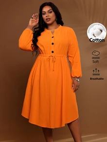 BrightlyHer Plus Size Burnt Orange Waist Pleated Button Front Drawstring Notched V Neck Long Sleeve Dress Fall Winter 2026 - Burnt Orange - View 6