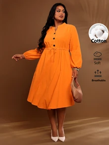 BrightlyHer Plus Size Burnt Orange Waist Pleated Button Front Drawstring Notched V Neck Long Sleeve Dress Fall Winter 2026 - Burnt Orange - View 4