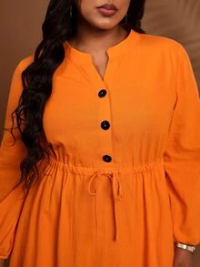 BrightlyHer Plus Size Burnt Orange Waist Pleated Button Front Drawstring Notched V Neck Long Sleeve Dress Fall Winter 2026 - Burnt Orange - View 7