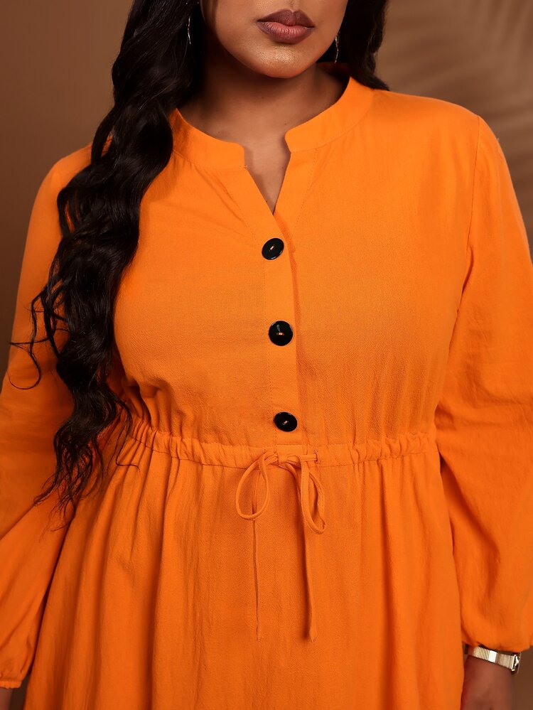 BrightlyHer Plus Size Burnt Orange Waist Pleated Button Front Drawstring Notched V Neck Long Sleeve Dress Fall Winter 2026 - Burnt Orange - View 7