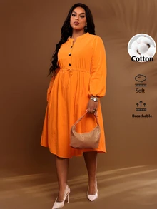 BrightlyHer Plus Size Burnt Orange Waist Pleated Button Front Drawstring Notched V Neck Long Sleeve Dress Fall Winter 2026 - Burnt Orange - View 5
