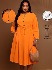 BrightlyHer Plus Size Burnt Orange Waist Pleated Button Front Drawstring Notched V Neck Long Sleeve Dress Fall Winter 2026 - Burnt Orange - View 3