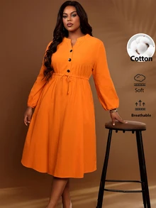 BrightlyHer Plus Size Burnt Orange Waist Pleated Button Front Drawstring Notched V Neck Long Sleeve Dress Fall Winter 2026 - Burnt Orange - View 1