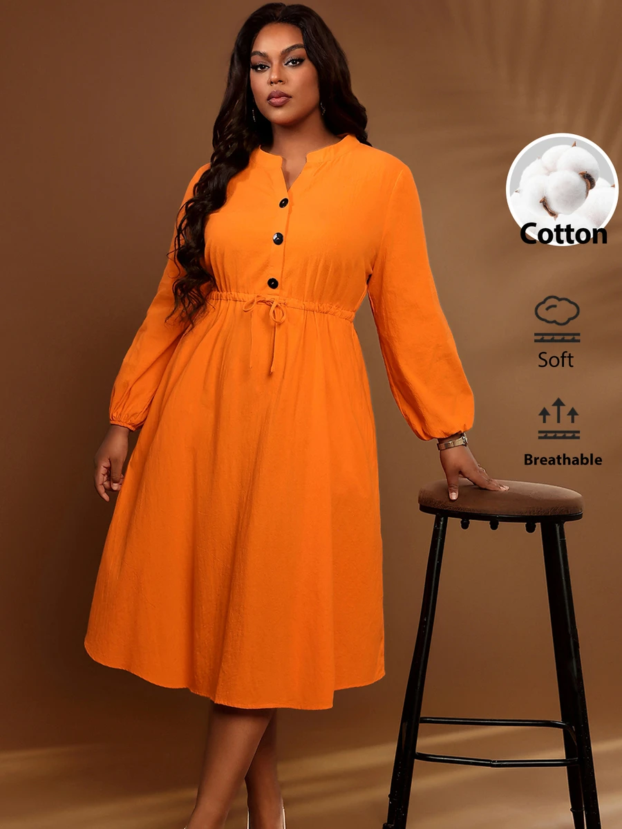 BrightlyHer Plus Size Burnt Orange Waist Pleated Button Front Drawstring Notched V Neck Long Sleeve Dress Fall Winter 2026 - Burnt Orange - View 1