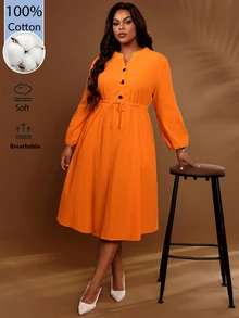 BrightlyHer Plus Size Burnt Orange Waist Pleated Button Front Drawstring Notched V Neck Long Sleeve Dress Fall Winter 2026 - Burnt Orange - View 8