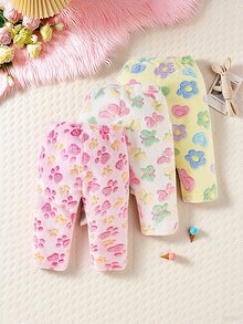 SHEIN Playful Pals Three Pieces Set Fashionable Babygirl Cute Plush Pants For Baby Girls With Claw Prints Butterflies Floral Patterns Warm Comfortable House - Multicolor - View 2