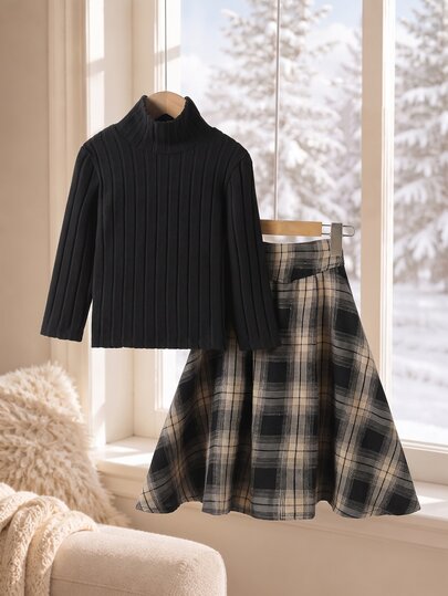 Young Girls Korean Plaid Vintage T-Shirt Co-Ords, Autumn, New Fall Styles, Black Dress Mock Neck Elastic Base Layer Top + High Waist A-Line Classic