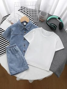 SHEIN 三件套男童复古美式夏季韩版时尚宽松小众牛仔衬衫+纯白短袖T恤+休闲牛仔短裤。适合日常穿着、上学、郊游、户外运动、旅行、春季郊游、夏令营、度假等场合。 - 藍色 - 查看 7