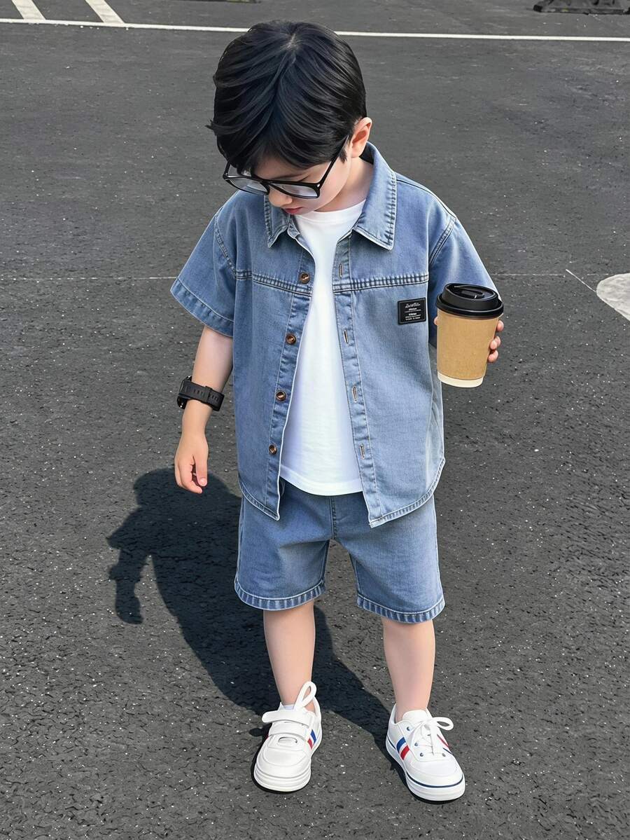 SHEIN 三件套男童复古美式夏季韩版时尚宽松小众牛仔衬衫+纯白短袖T恤+休闲牛仔短裤。适合日常穿着、上学、郊游、户外运动、旅行、春季郊游、夏令营、度假等场合。 - 藍色 - 查看 1