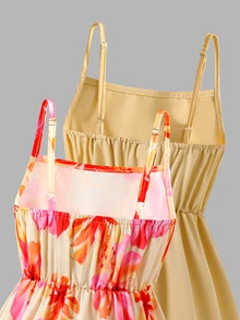 SHEIN Elladie kids 女童休閒甜美花卉與素色拼接細肩帶洋裝，適合日常穿著、夏季、戶外與度假 - 黃色 - 查看 4