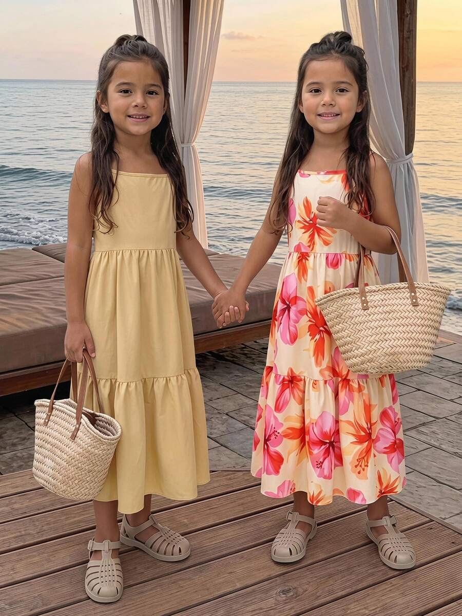 SHEIN Elladie kids 女童休閒甜美花卉與素色拼接細肩帶洋裝,適合日常穿著、夏季、戶外與度假 - 黃色 - 查看 1