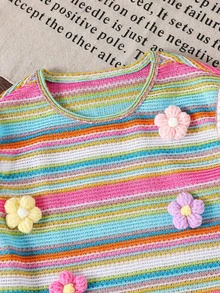 SHEIN Elladie kids 2件組女童夏季無袖套裝，家庭款花卉與格紋軟舒適戶外穿著，桃紅色上衣+短褲，寬鬆休閒卡通造型 - 彩色 - 查看 4