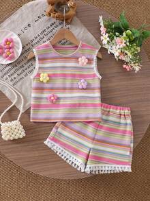 SHEIN Elladie kids 2件組女童夏季無袖套裝，家庭款花卉與格紋軟舒適戶外穿著，桃紅色上衣+短褲，寬鬆休閒卡通造型 - 彩色 - 查看 1