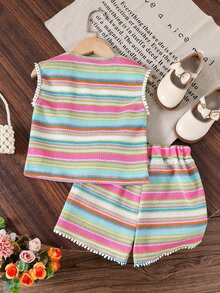 SHEIN Elladie kids 2件組女童夏季無袖套裝，家庭款花卉與格紋軟舒適戶外穿著，桃紅色上衣+短褲，寬鬆休閒卡通造型 - 彩色 - 查看 2