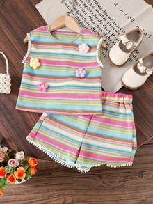 SHEIN Elladie kids 2件組女童夏季無袖套裝，家庭款花卉與格紋軟舒適戶外穿著，桃紅色上衣+短褲，寬鬆休閒卡通造型 - 彩色 - 查看 3