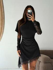 Aloruh 女款優雅圓領不對稱下擺蕾絲拼接收腰長袖迷你洋裝，秋季休閒女裝，時尚黑色洋裝 - 黑色 - 查看 1