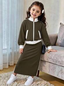 SHEIN Explorewe Young Girls Contrast Color Casual Sports Jacket Set, Suitable For Outdoor & School Wear - Grey - View 1