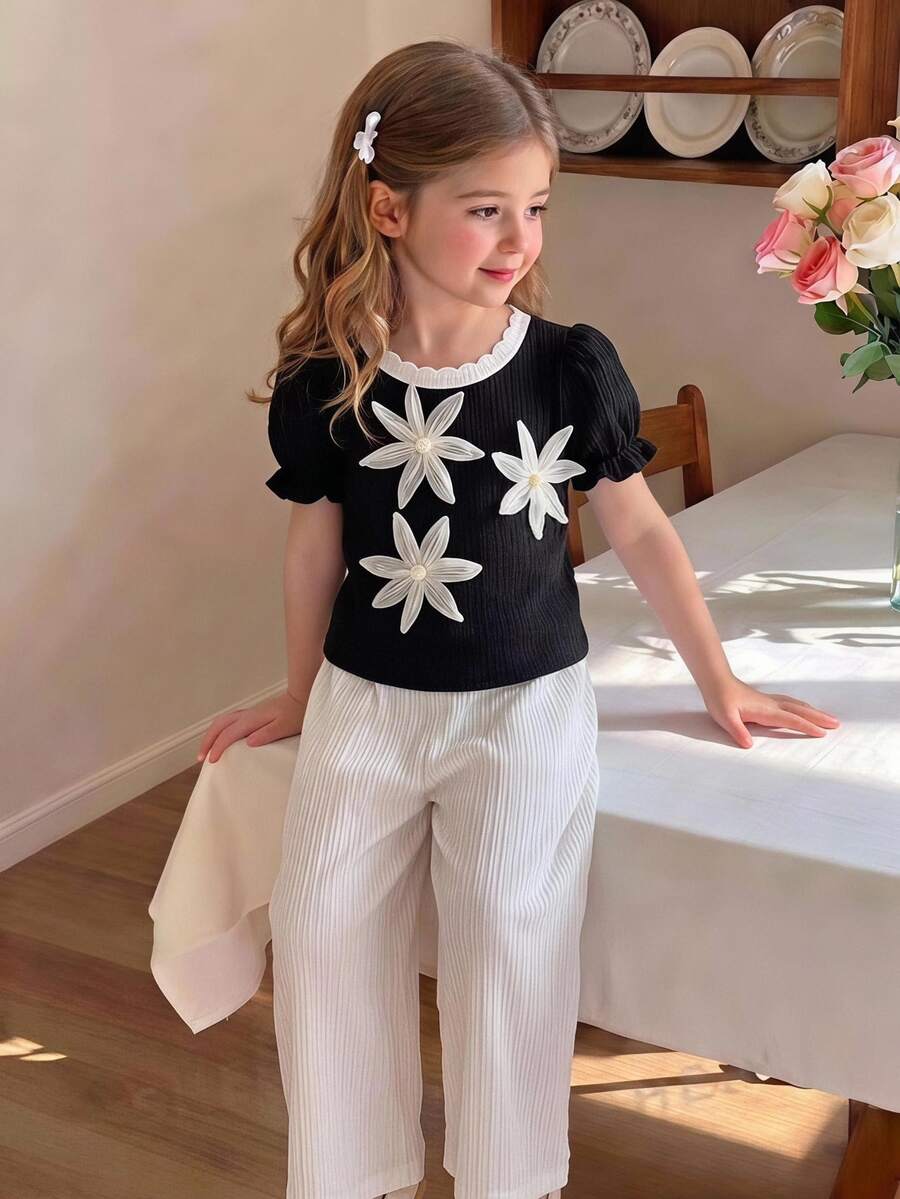 Elladie kids 2件組甜美可愛3D花朵裝飾泡泡袖上衣搭配直筒長褲,適合夏季出遊、度假與日常穿著 - 黑與白 - 查看 1