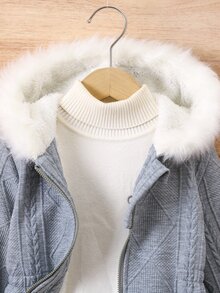 SHEIN معطف سحاب مزود بغطاء رأس وأكمام طويلة ذو حافة فضفاضة لفتاة شابة ، شتوي - رمادي - مشاهدة 6
