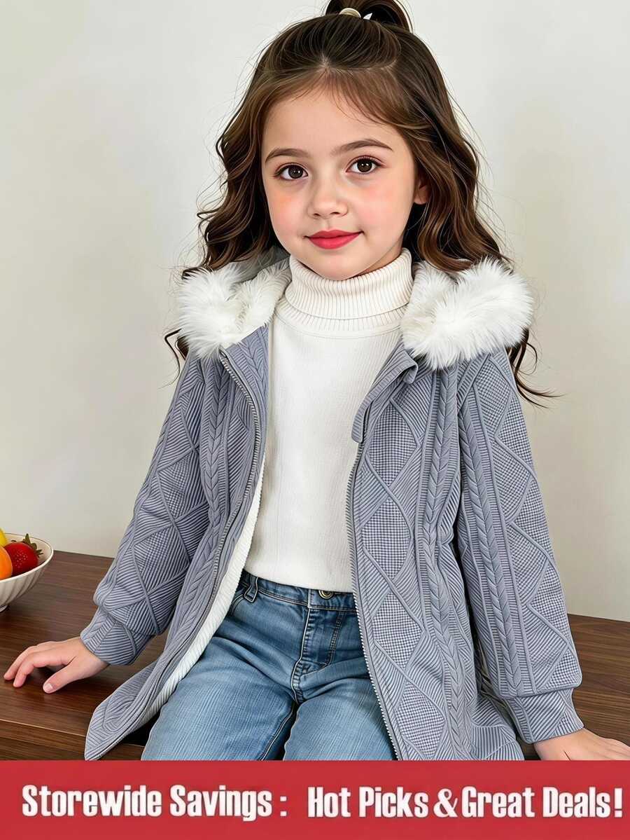 SHEIN معطف سحاب مزود بغطاء رأس وأكمام طويلة ذو حافة فضفاضة لفتاة شابة ، شتوي