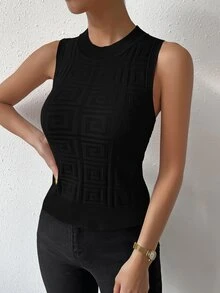 SHEIN Solid Round Neck Knit Top - Black - View 7