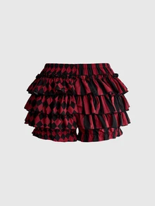 ROMWE Plus Size Women's Gothic Cute Patchwork Striped Plaid Clown Pumpkin Shorts - Red - View 2