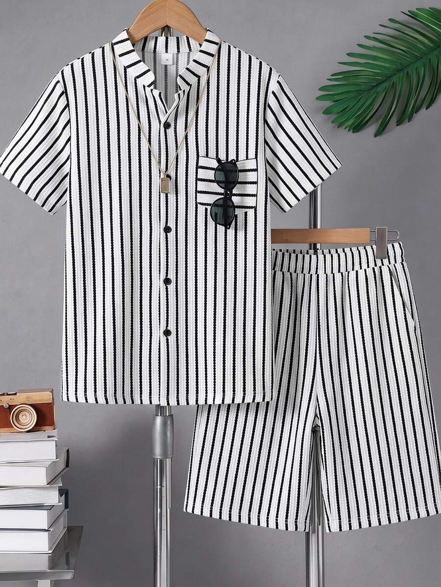 2pcs/Set Teen Boys Casual Textured Fabric Half-Button Shirt & Striped Shorts Outfit, Simple & Comfortable For Daily Commute, Vacation And Outings - Black and White - View 1