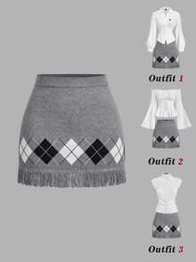 SHEIN MOD Tassel Collar Knit Mini Skirt - Grey - View 1