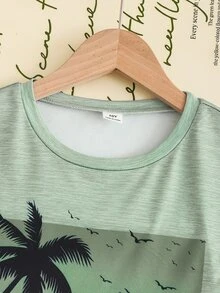 SHEIN 两件套男童棕榈树印花短袖T恤和纯色短裤套装，适合休闲、度假、运动和夏季穿着。 - 綠色 - 查看 7
