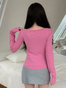DAZY 纯色纽扣前部修身 T 恤，秋季服装学院风上衣，长袖女式上衣 - 玫紅色 - 查看 3