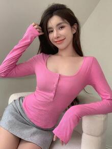 DAZY 纯色纽扣前部修身 T 恤，秋季服装学院风上衣，长袖女式上衣 - 玫紅色 - 查看 8