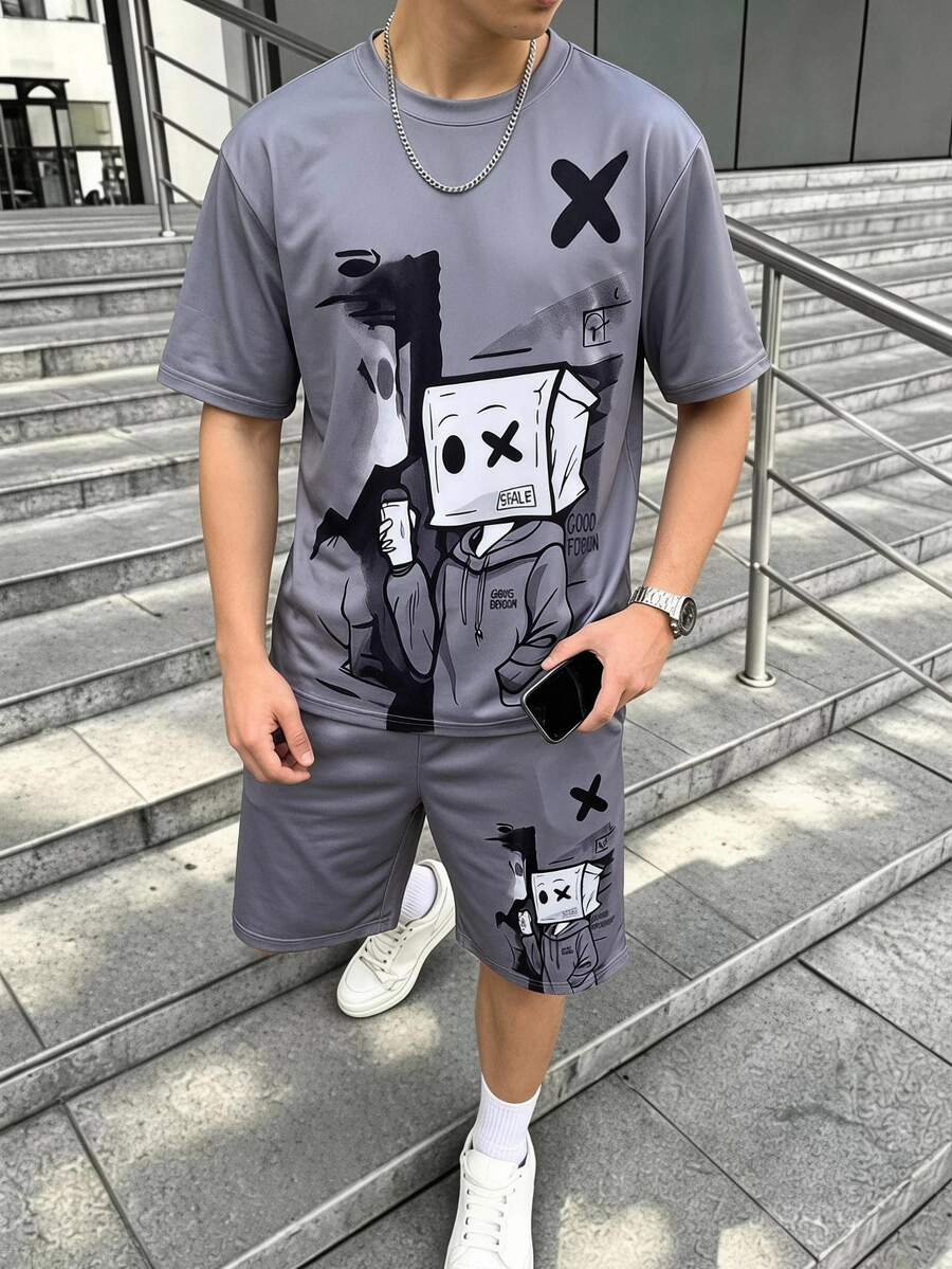 Coolqubz 2件套休闲卡通人物印花T恤套装,适合青少年男孩日常通勤和运动穿着 - 灰色 - 查看 1
