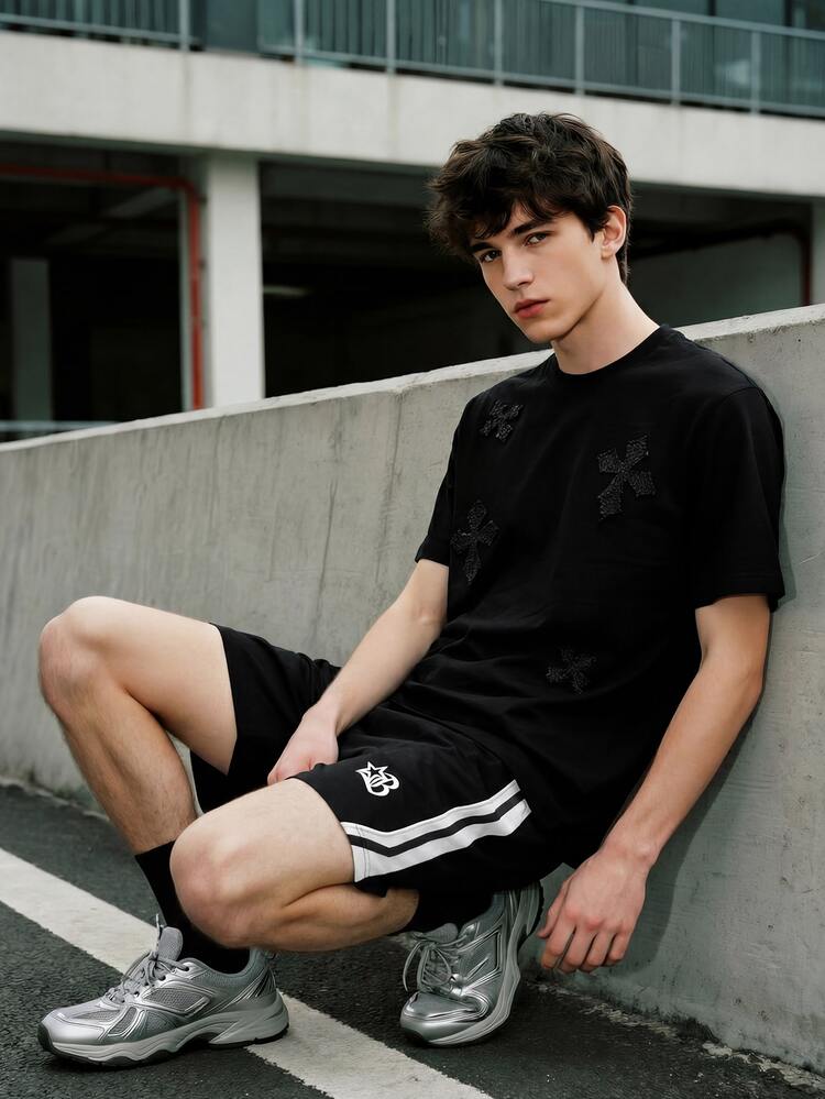 Coolqubz Adolescent Boys Woven Shorts,Colorblock Star Print,Oxford Waistband,Minimalist Summer Streetwear For School,Gym,Sports & Daily Wear,Essential Shorts - Black - View 3