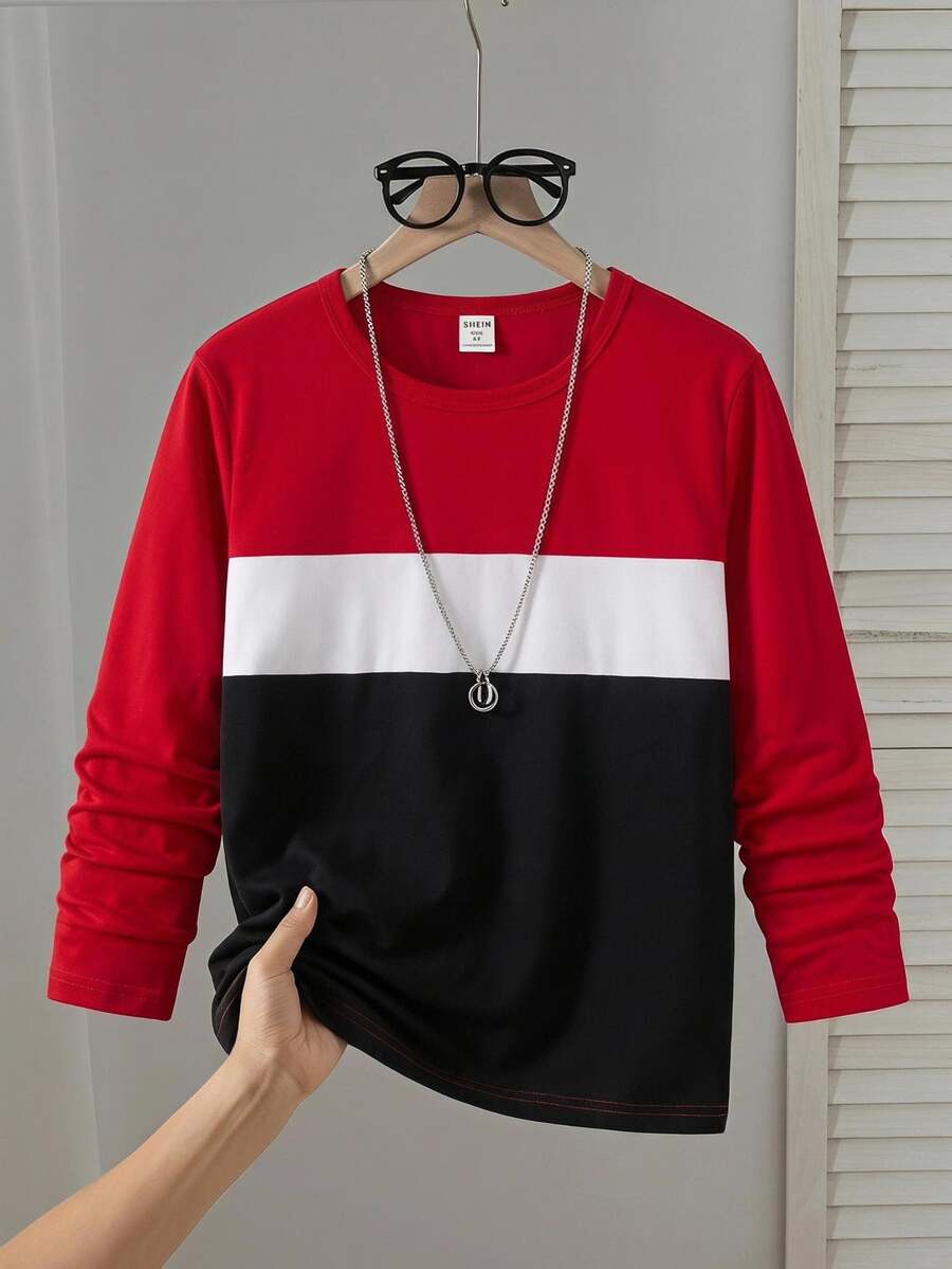 SHEIN Vacaura 青少年男孩圆领长袖 T 恤,时尚拼布设计,休闲舒适,秋冬新品,圣诞节 - 紅色 - 查看 1