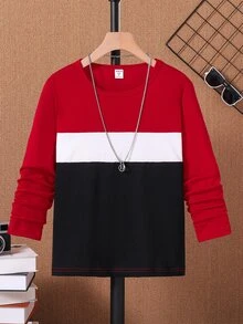 SHEIN Vacaura 青少年男孩圆领长袖 T 恤，时尚拼布设计，休闲舒适，秋冬新品，圣诞节 - 紅色 - 查看 5