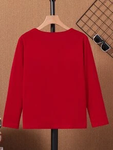 SHEIN Vacaura 青少年男孩圆领长袖 T 恤，时尚拼布设计，休闲舒适，秋冬新品，圣诞节 - 紅色 - 查看 2