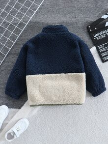 SHEIN Genkimix Kids 男童字母图案拼色长袖宽松休闲夹克，秋冬 - 寶藍色 - 查看 3