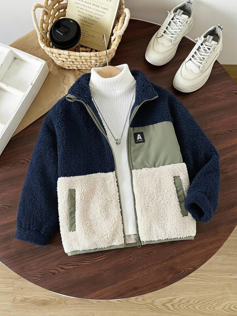 SHEIN Genkimix Kids 男童字母图案拼色长袖宽松休闲夹克，秋冬