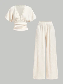 SHEIN MOD Apricot Textured Comfortable Casual 2 Pieces Set For Vacation - Apricot - View 2
