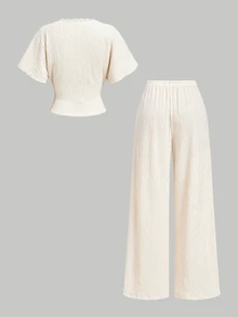 SHEIN MOD Apricot Textured Comfortable Casual 2 Pieces Set For Vacation - Apricot - View 4