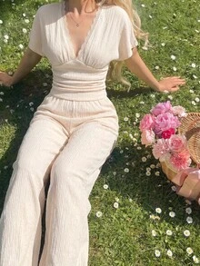 SHEIN MOD Apricot Textured Comfortable Casual 2 Pieces Set For Vacation - Apricot - View 5